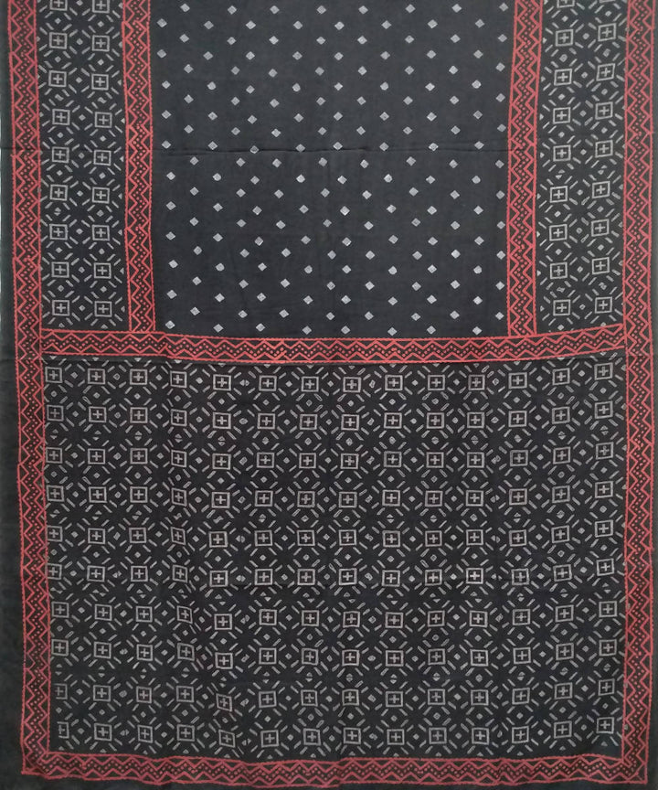 handblock print black grey mul cotton saree