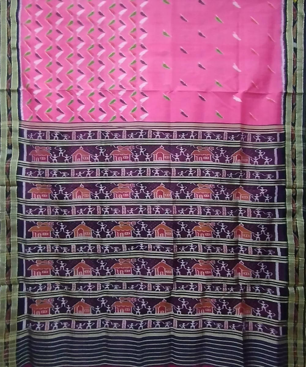 Light pink black handwoven silk khandua saree