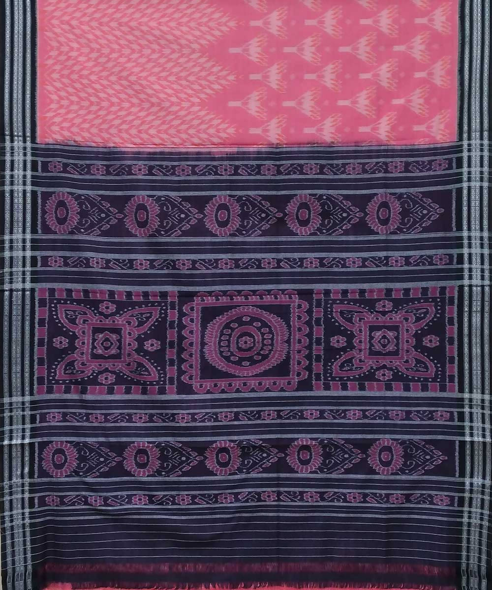 Pink black handwoven nuapatana ikat cotton saree
