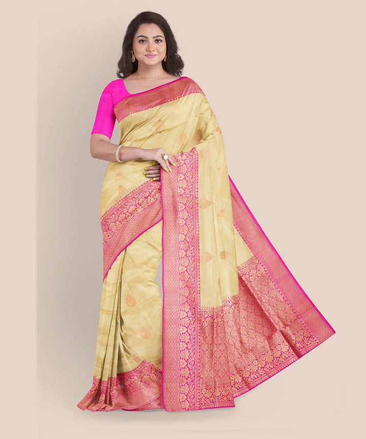Cream pink handwoven silk banarasi saree