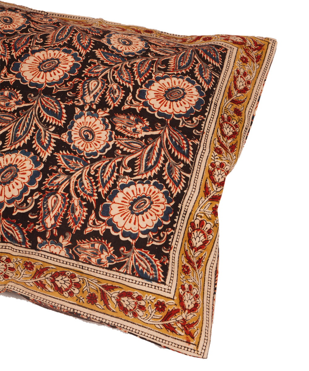 Black cotton hand block print kalamkari cushion cover