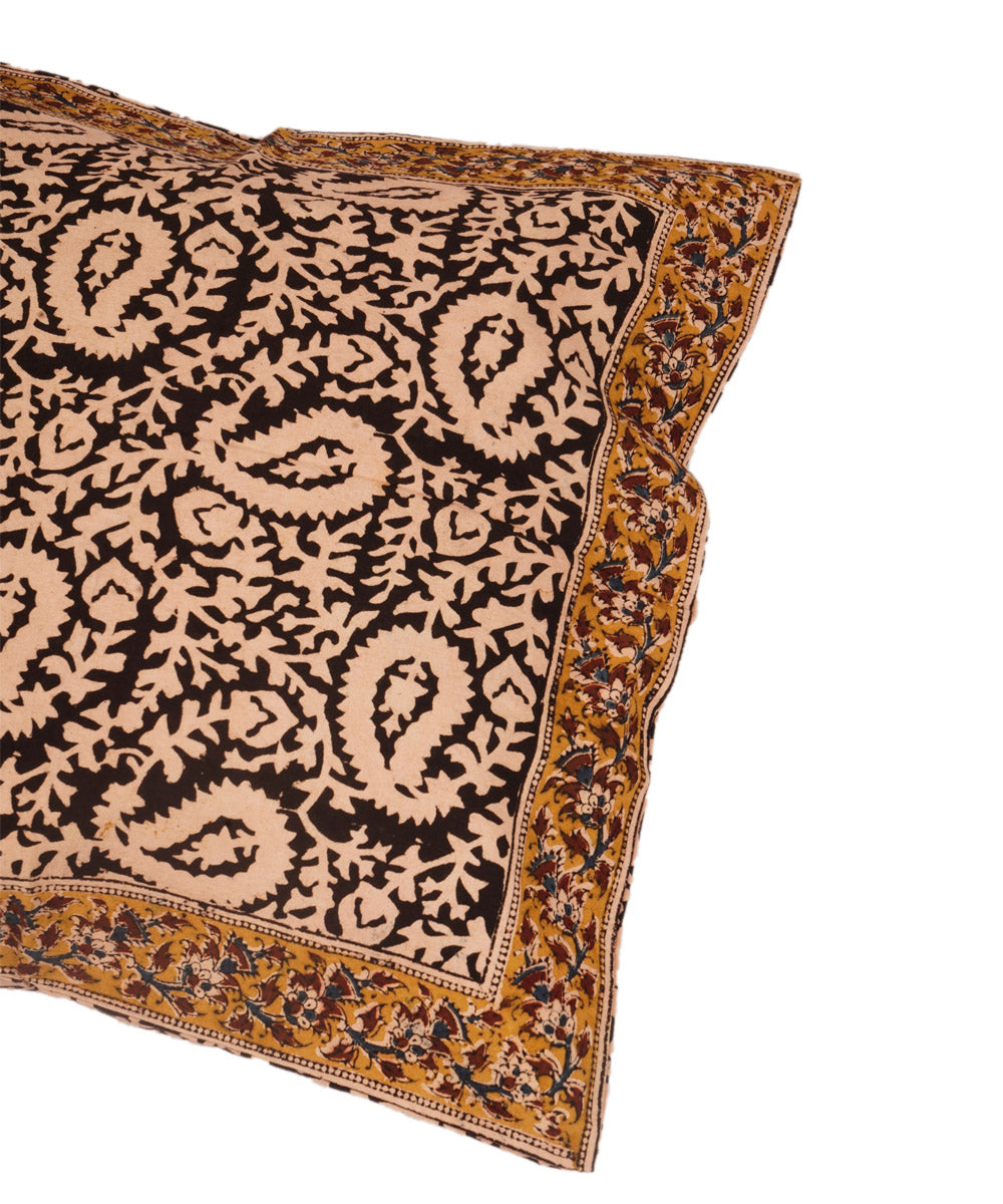 Black hand block print cotton kalamkari cushion cover