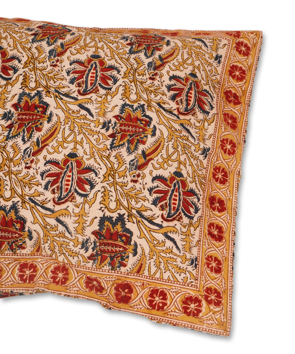 White multicolor cotton hand block print kalamkari cushion cover
