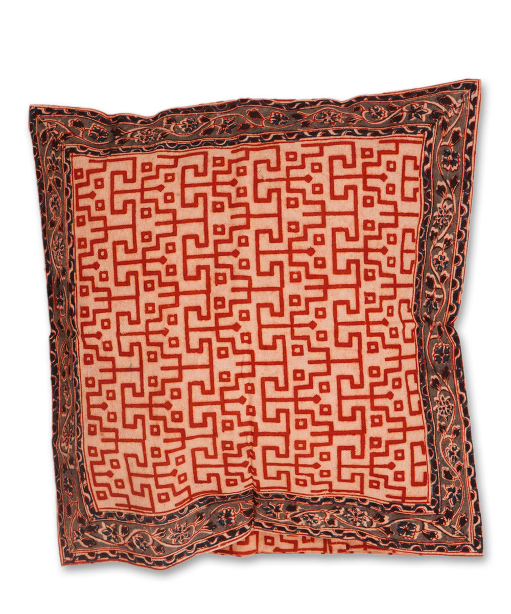 Cream red cotton hand block print kalamkari cushion cover