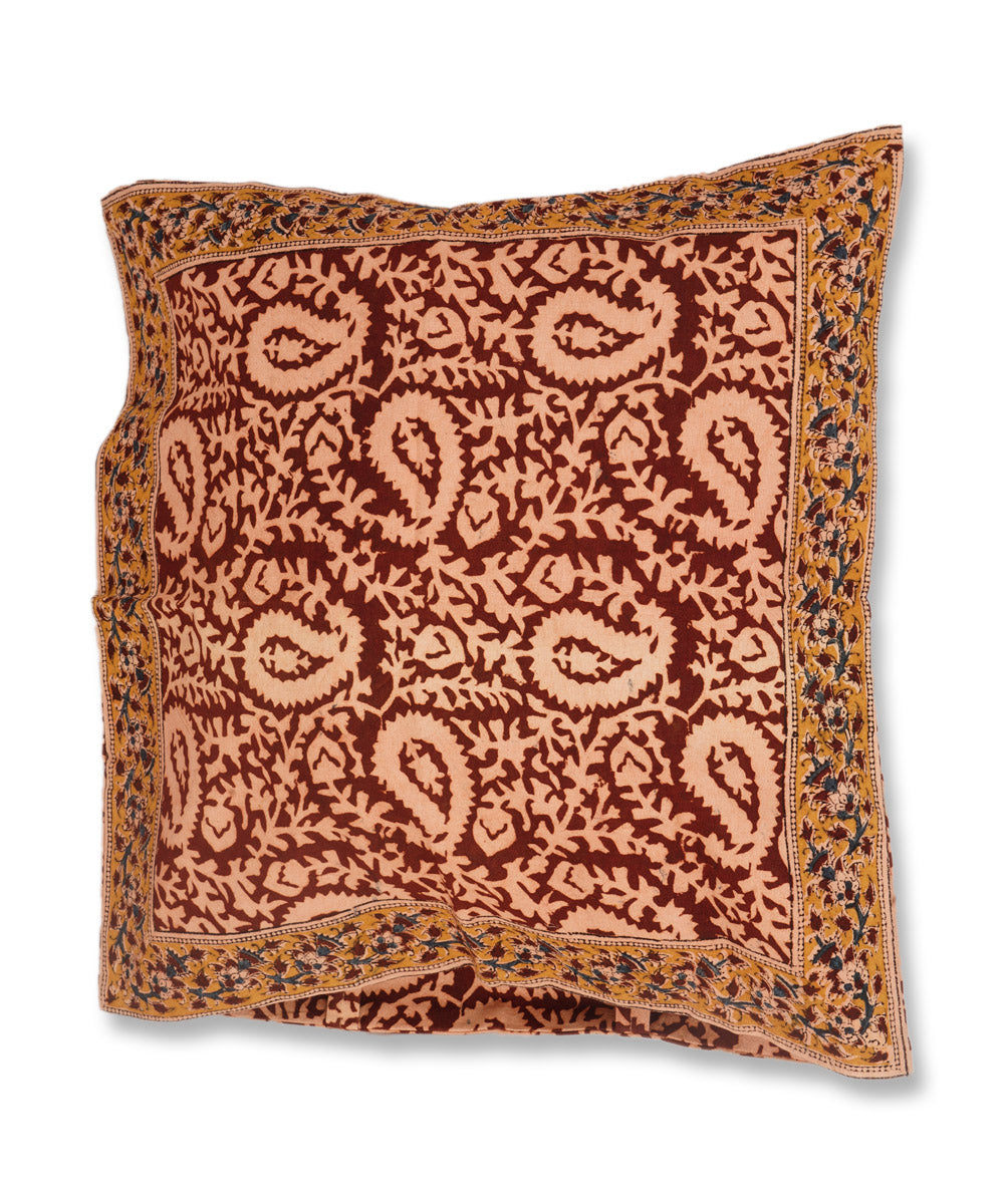 Dark maroon cotton hand block print kalamkari cushion cover