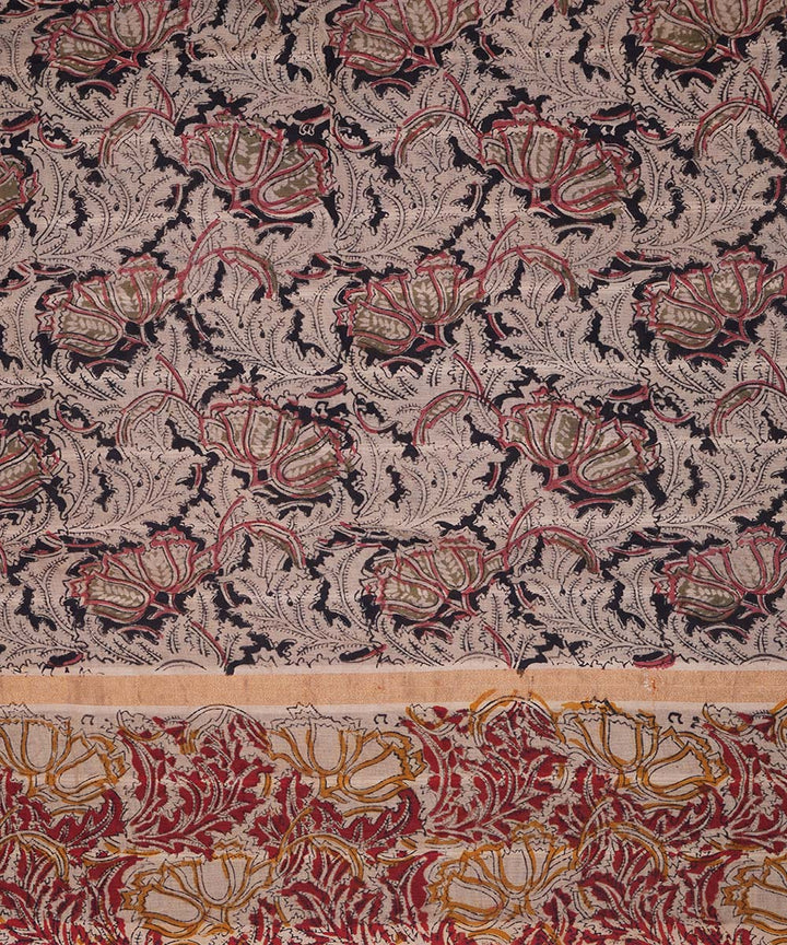 Beige red cotton handblock printed kalamkari saree