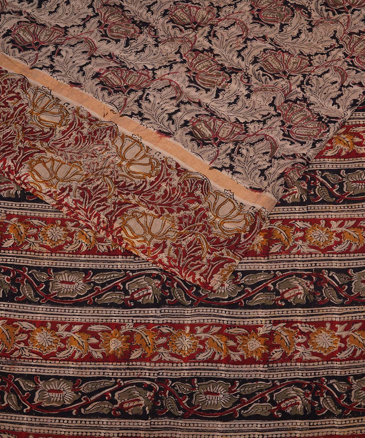 Beige red cotton handblock printed kalamkari saree