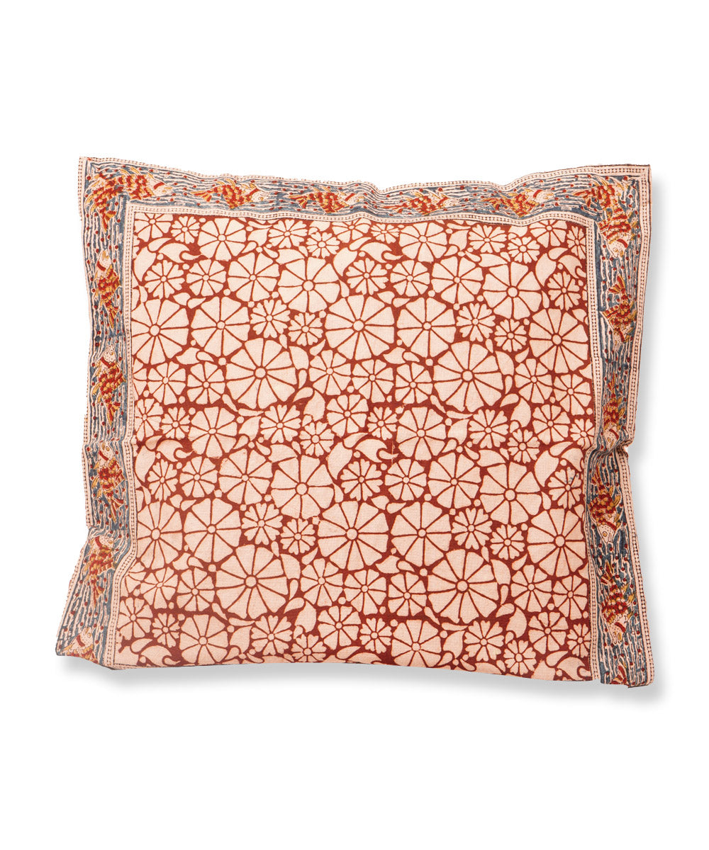 Cream red cotton hand block print kalamkari cushion cover