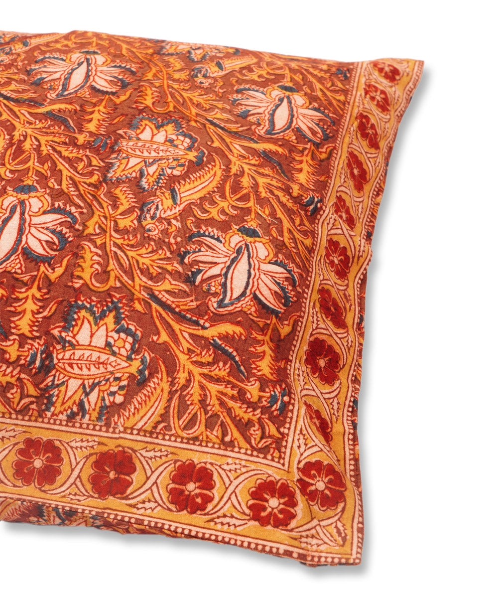 Maroon red multicolor cotton hand block print kalamkari cushion cover