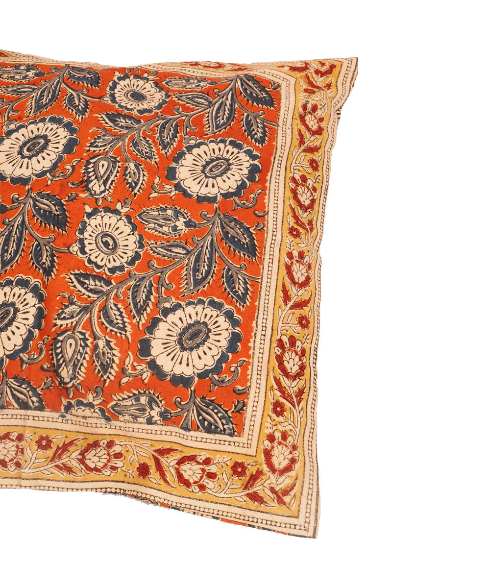 Coral red cotton hand block print kalamkari cushion cover