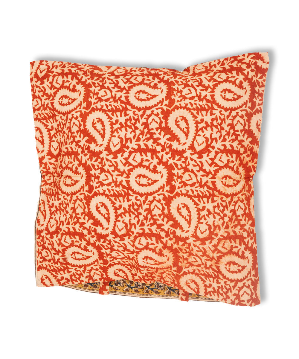Antique red cotton hand block print kalamkari cushion cover