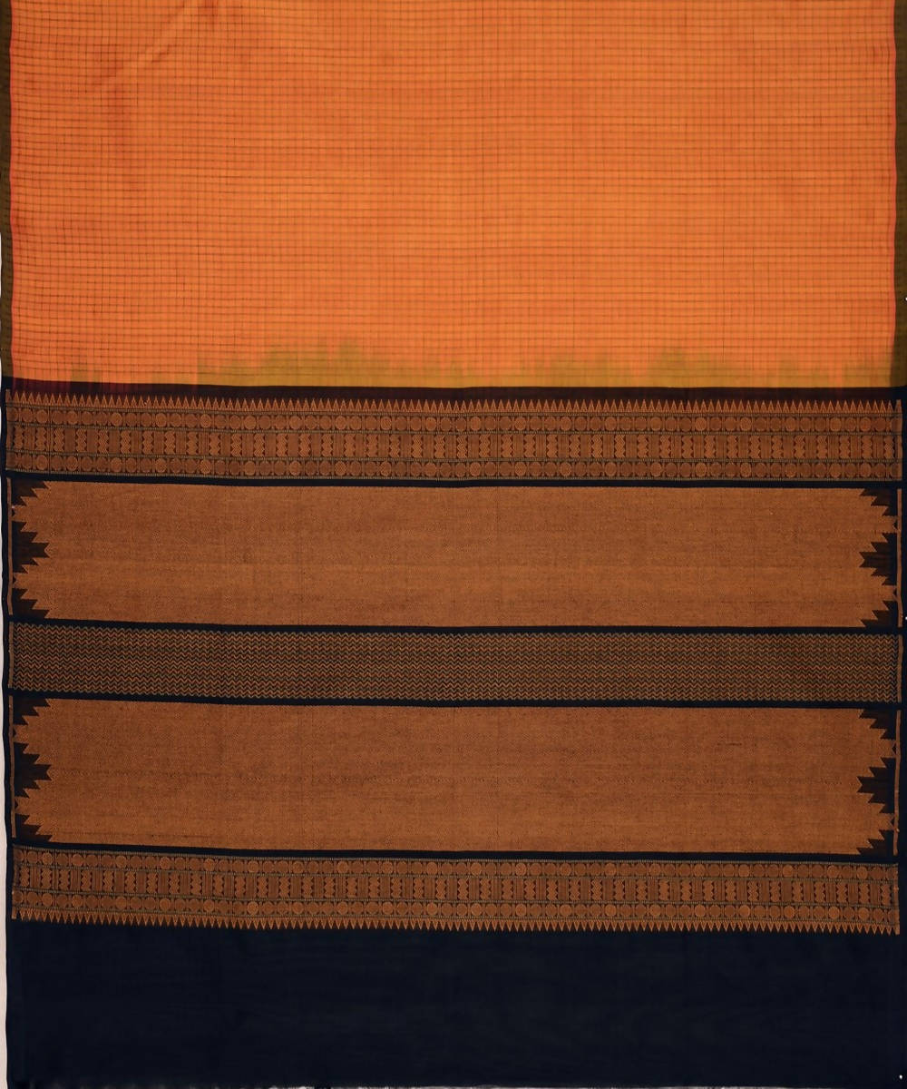 Orange shot kanchi silk cotton saree with checks and black pallu