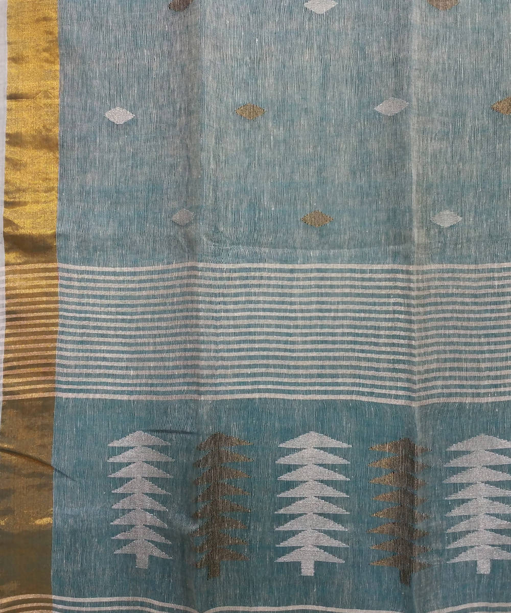 light Aqua Handwoven Linen Jamdani Saree