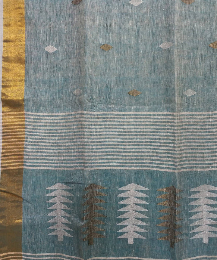 light Aqua Handwoven Linen Jamdani Saree