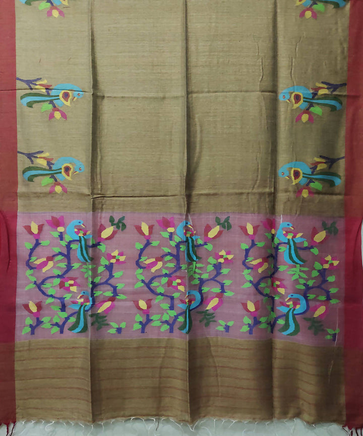 Brown red handwoven jamdani matka silk saree