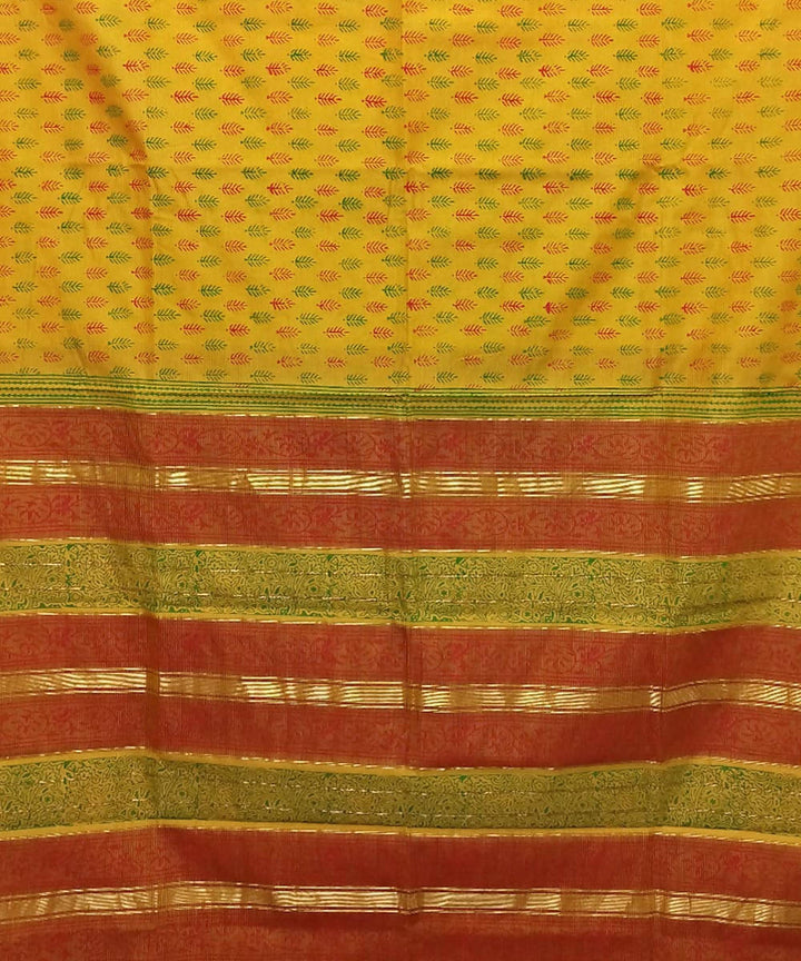 Deep lemon yellow handwoven cotton silk maheshwari saree