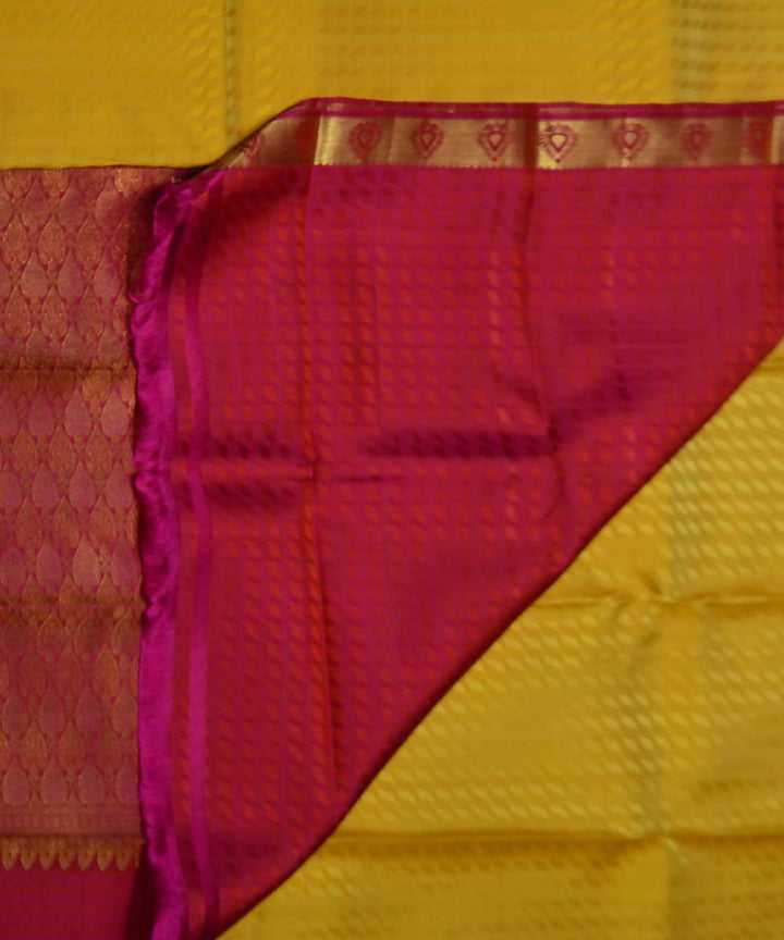 Lemon Yellow Pink Handloom Dharmavaram Embossed Work Silk Saree