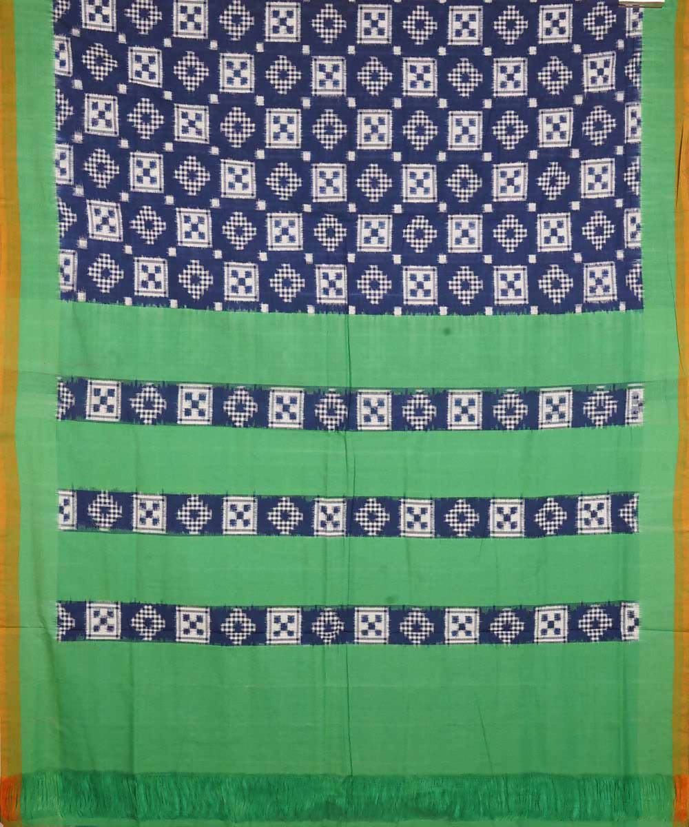 Blue and green cotton handloom double ikat pochampally saree