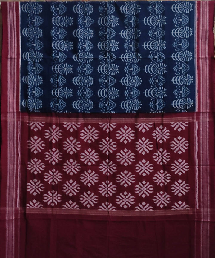 Navy blue and maroon cotton handwoven sambalpuri saree