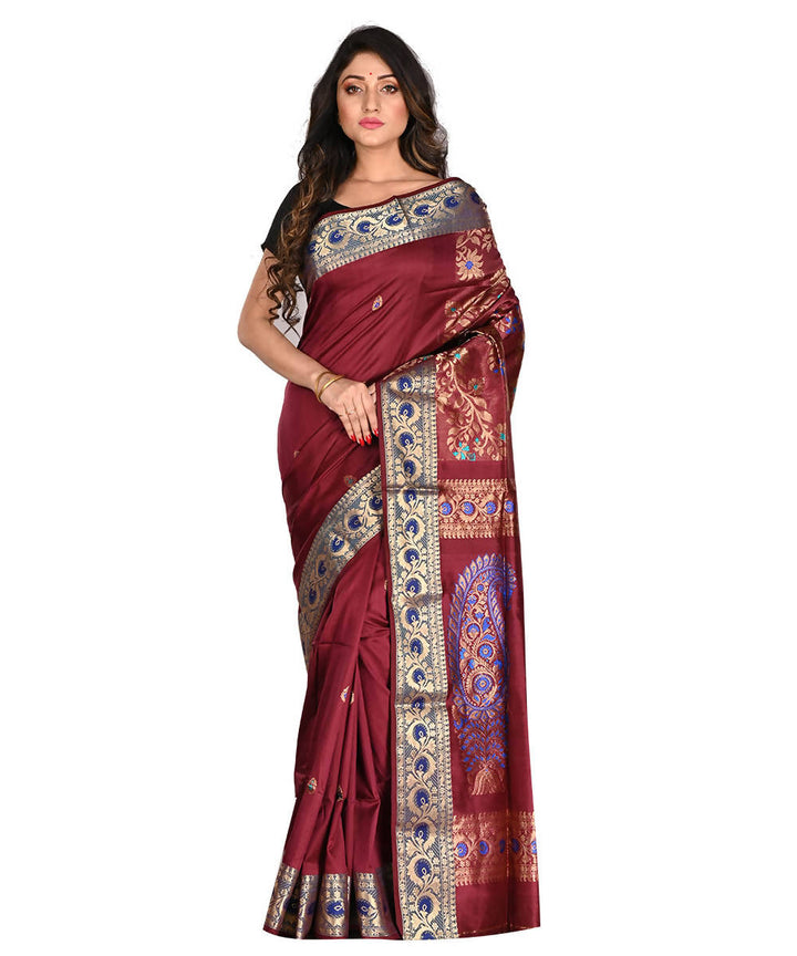Bengal Handloom Burgundy Baluchari Silk Saree