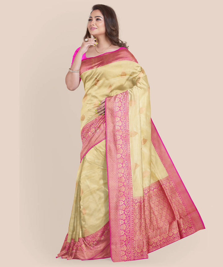 Cream pink handwoven silk banarasi saree