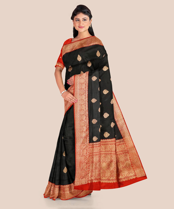 Black and red handloom silk katan banarasi saree