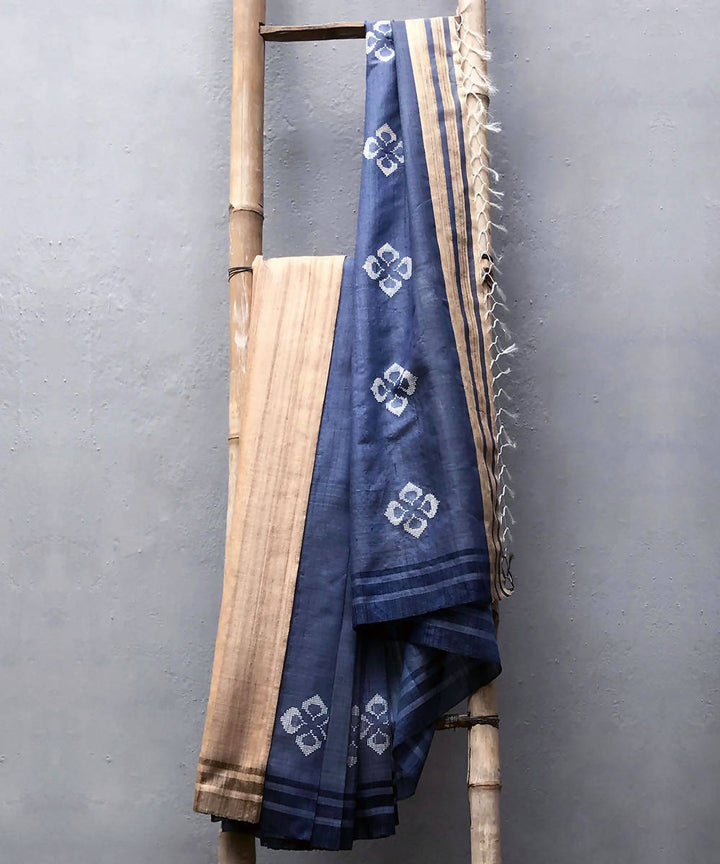 Blue beige handwoven mulberry silk baavanbuti saree