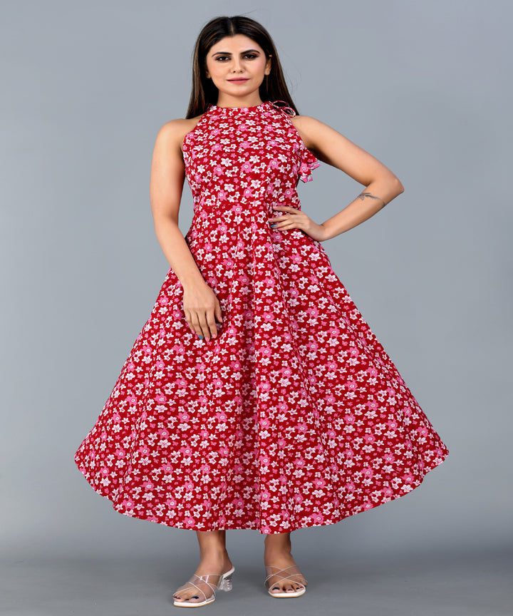 Maroon hand block printed cotton dress