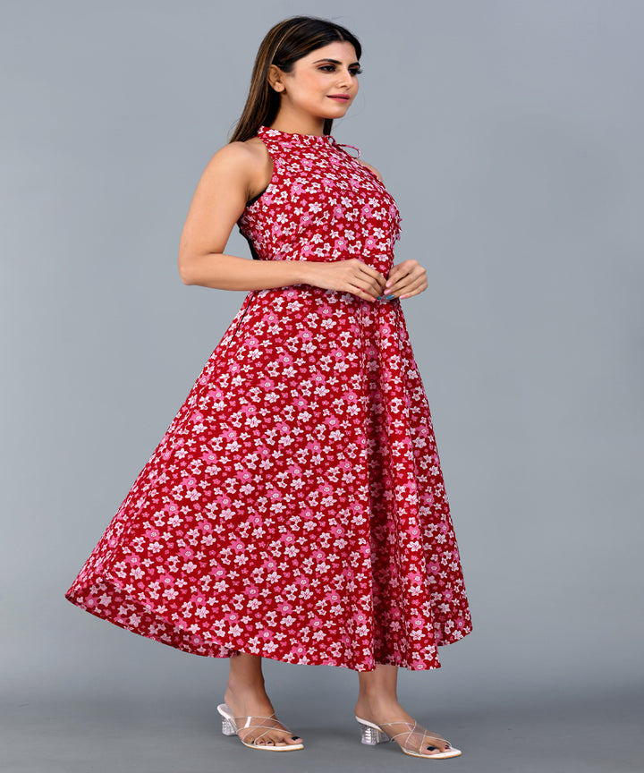 Maroon hand block printed cotton dress