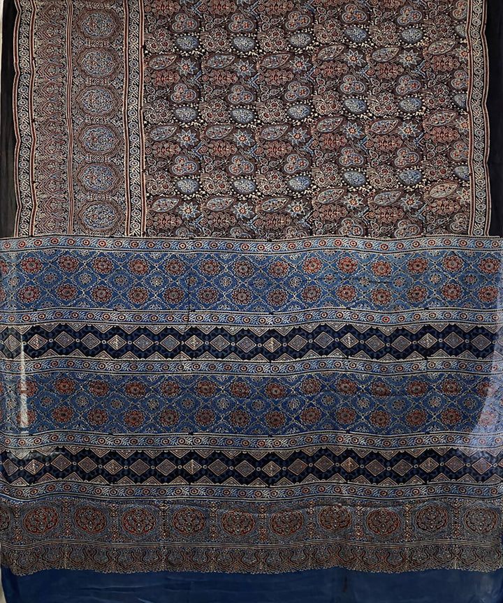 Multicolor hand printed ajrakh modal silk saree