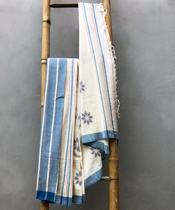 White blue handwoven cotton baavanbuti saree