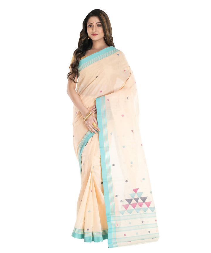 Offwhite cyan blue handwoven jamdani cotton bengal saree
