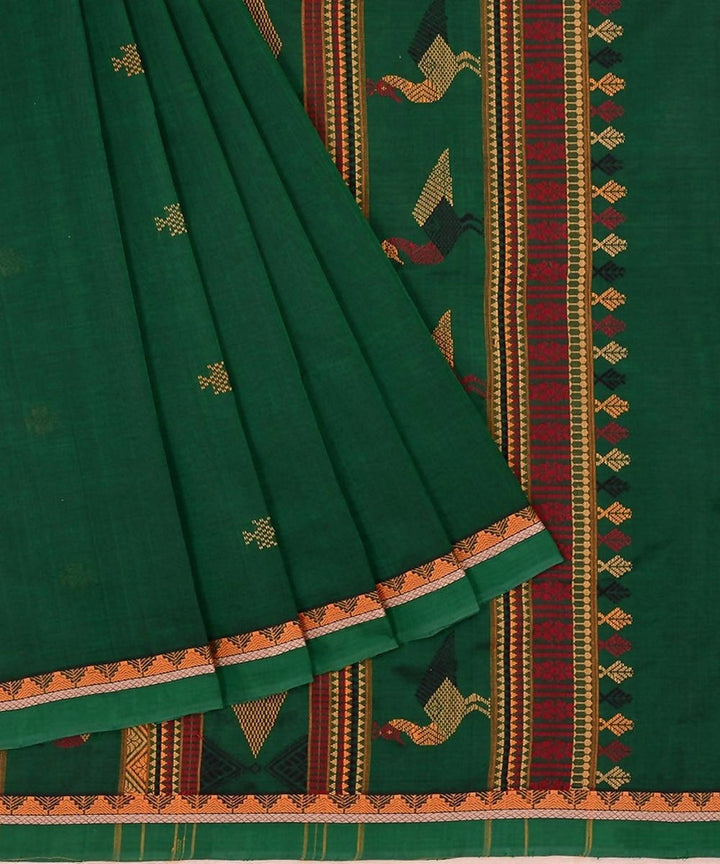 Dark green kanchi silkcotton saree with thread work bomkai pallu