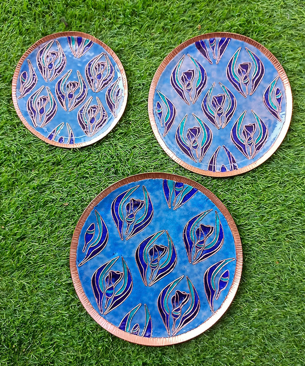 Light blue handcrafted copper enamel wall plate