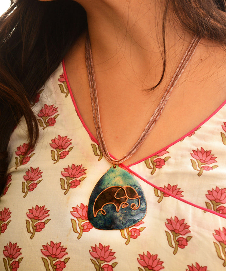 Blue elephant copper enamel pendant with cotton string