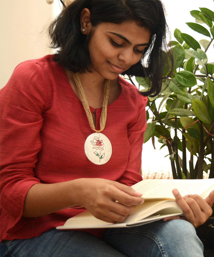 White rose copper enamel pendant with jute adjustable string
