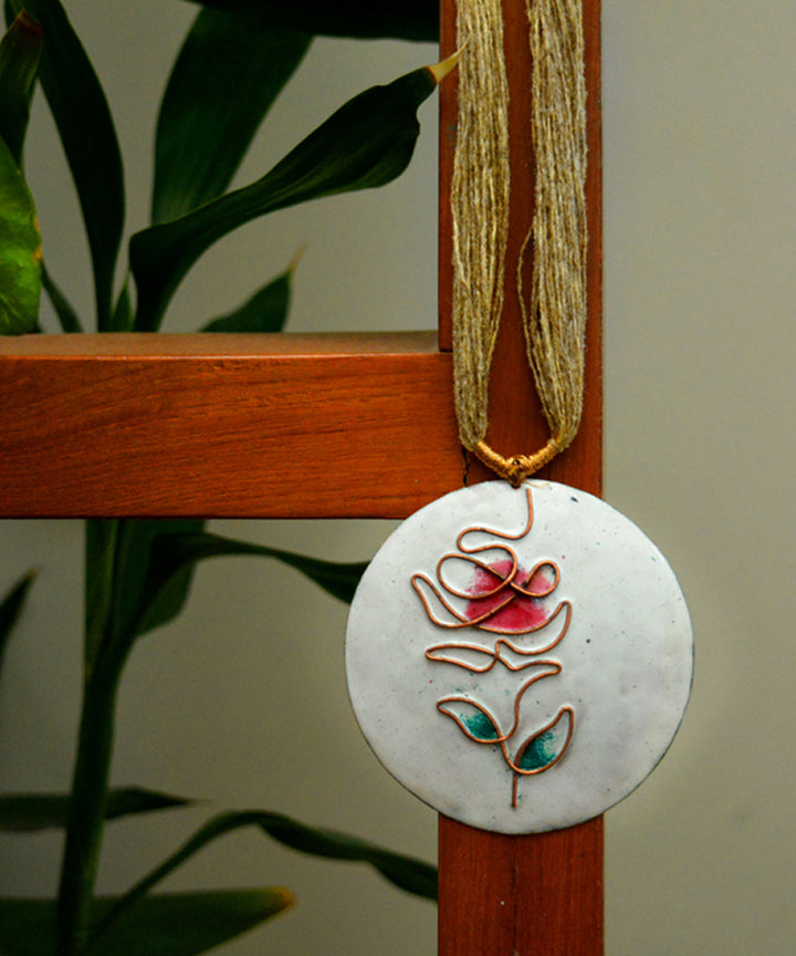 White rose copper enamel pendant with jute adjustable string