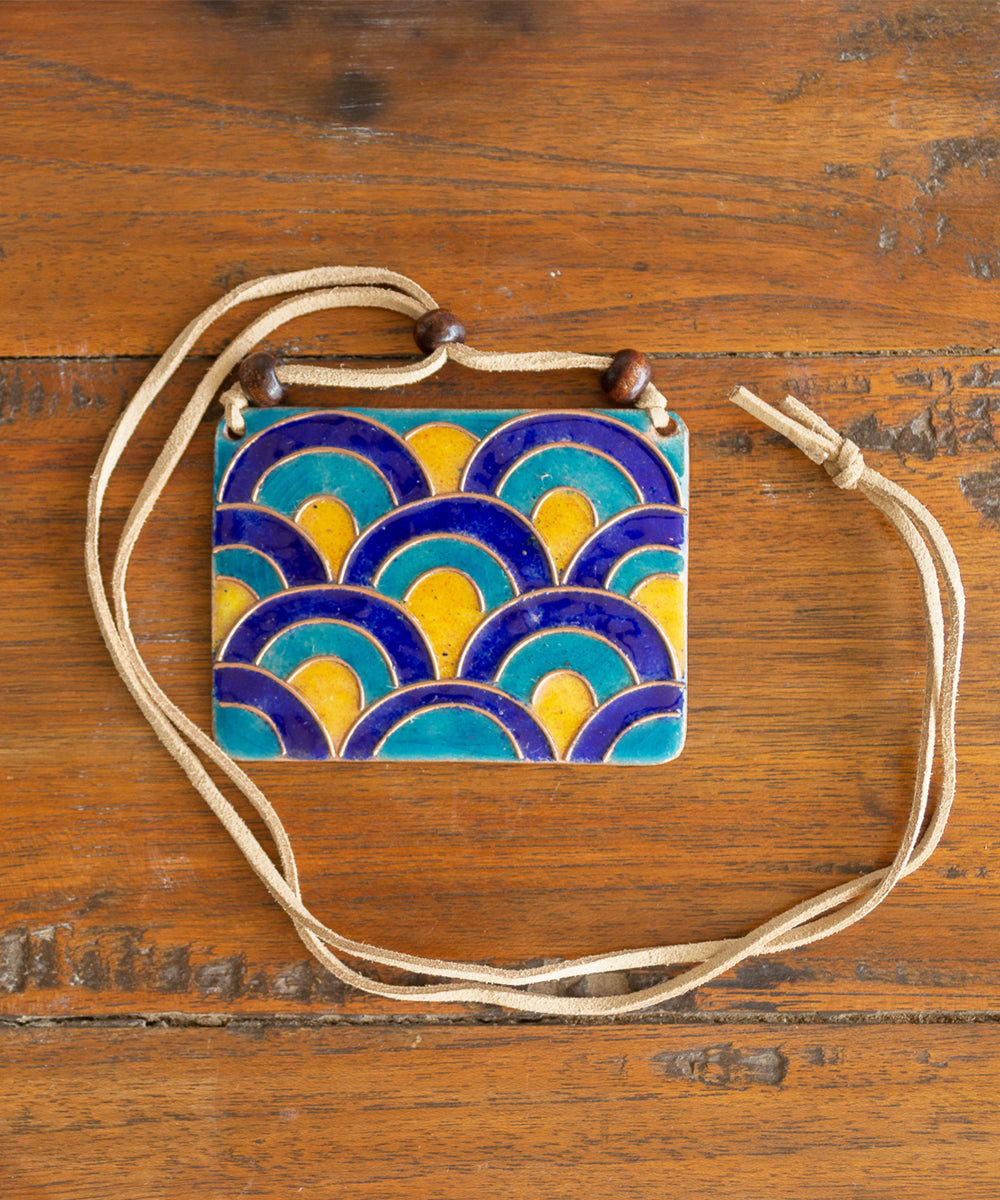 Multicolor copper enamel pendant with faux leather string wooden beads