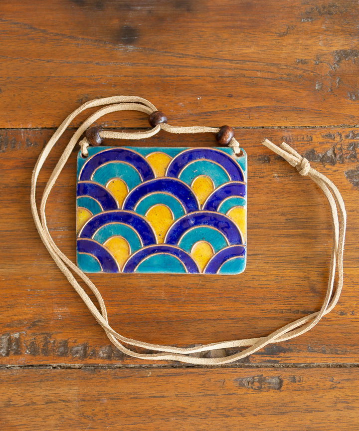 Multicolor copper enamel pendant with faux leather string wooden beads