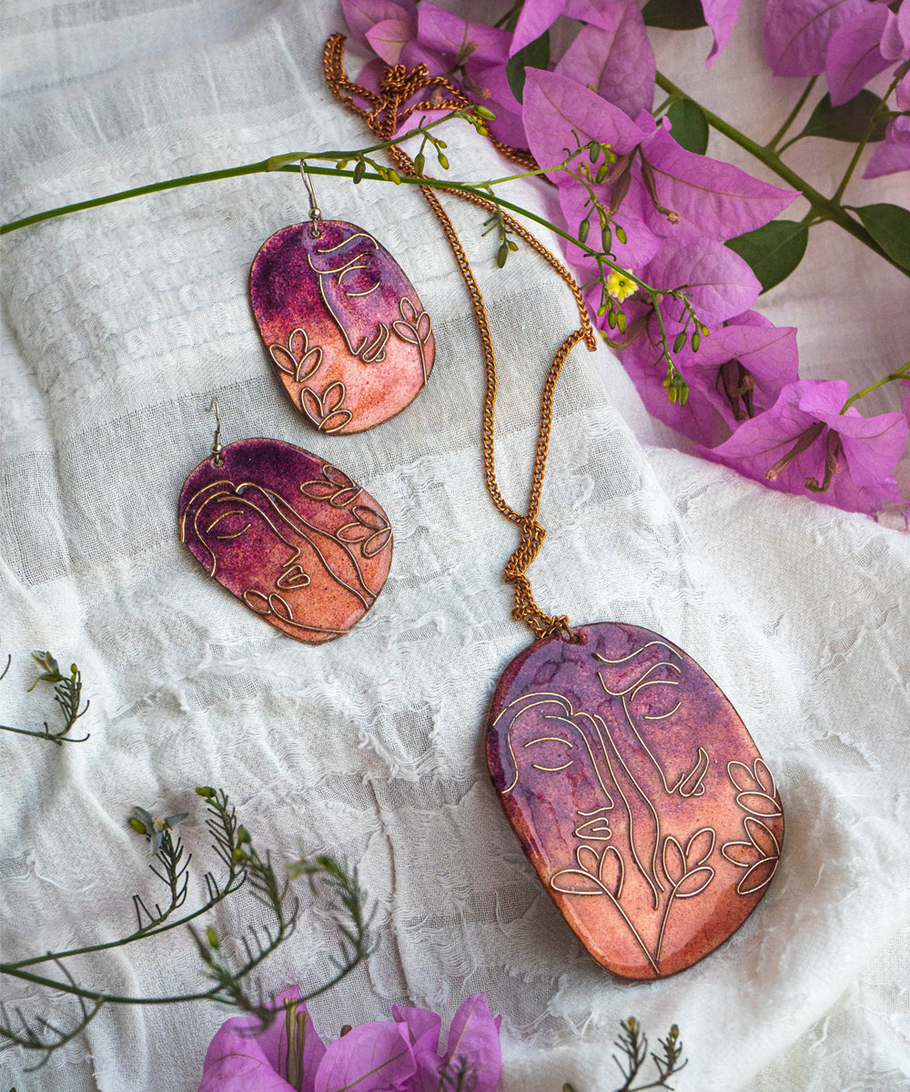 Pink handcrafted copper earring and pendant set