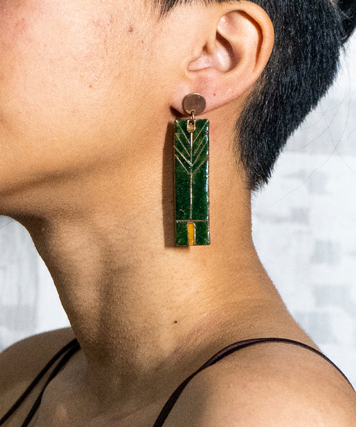 Green handcrafted rectangular copper stud earring