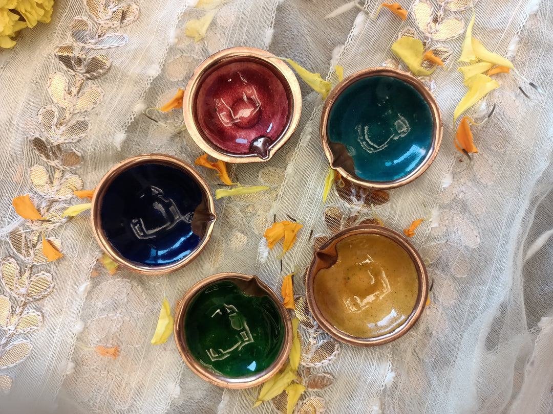Multicolor handcrafted copper enamel diya set of 5