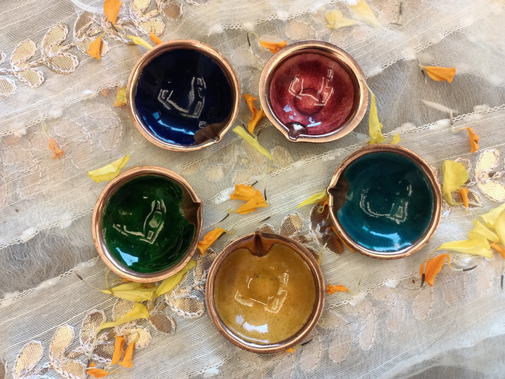Multicolor handcrafted copper enamel diya set of 5