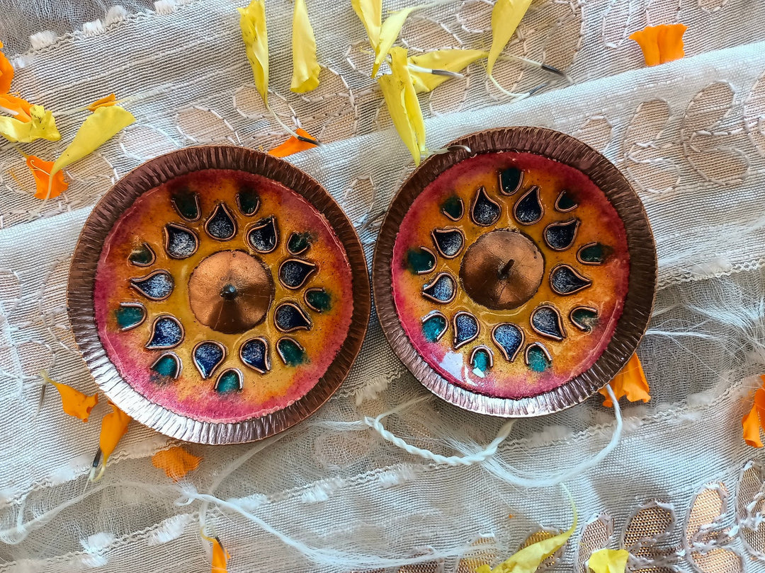 Handcrafted copper enamel candle holder set of 2