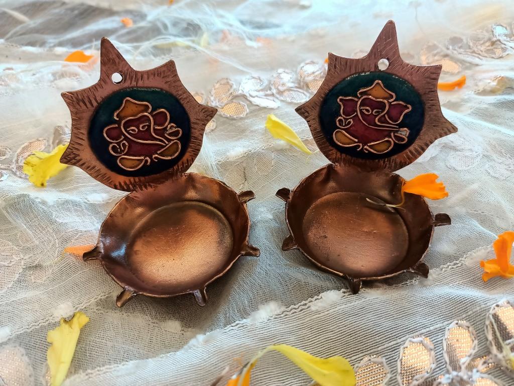 Handcrafted ganesh copper enamel diya set of 2