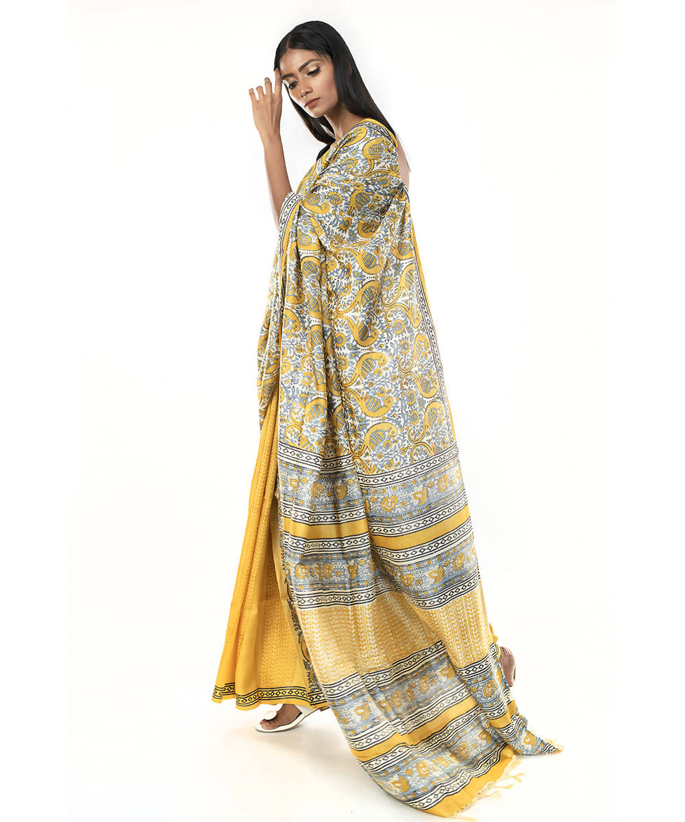Yellow black hand block print bengal silk saree