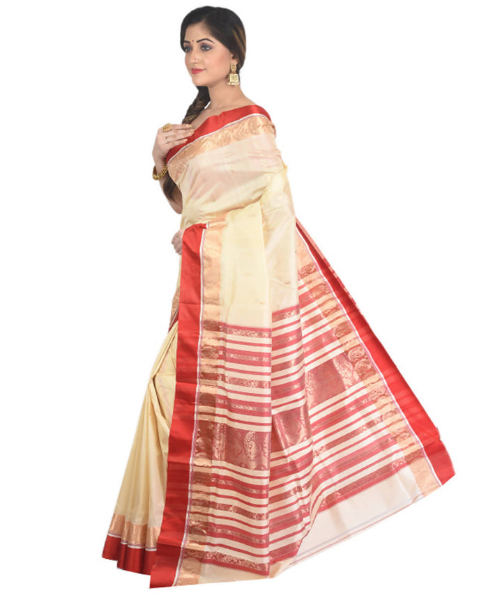 Beige and red handloom garad silk saree