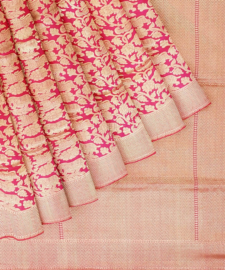 Red and beige handloom silk shikargah katan banarasi saree