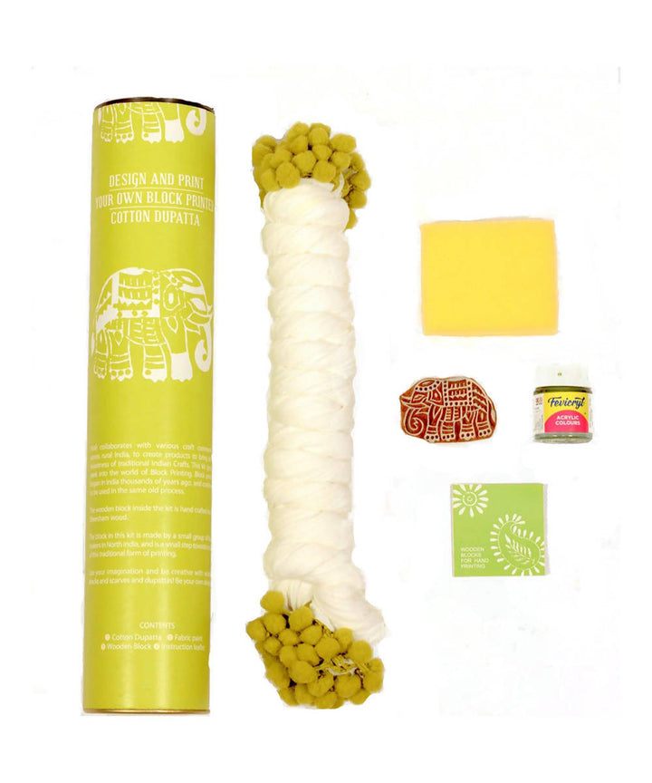 Handmade Wooden Elephant Block Print DIY Craft Kit Dupatta (Green)