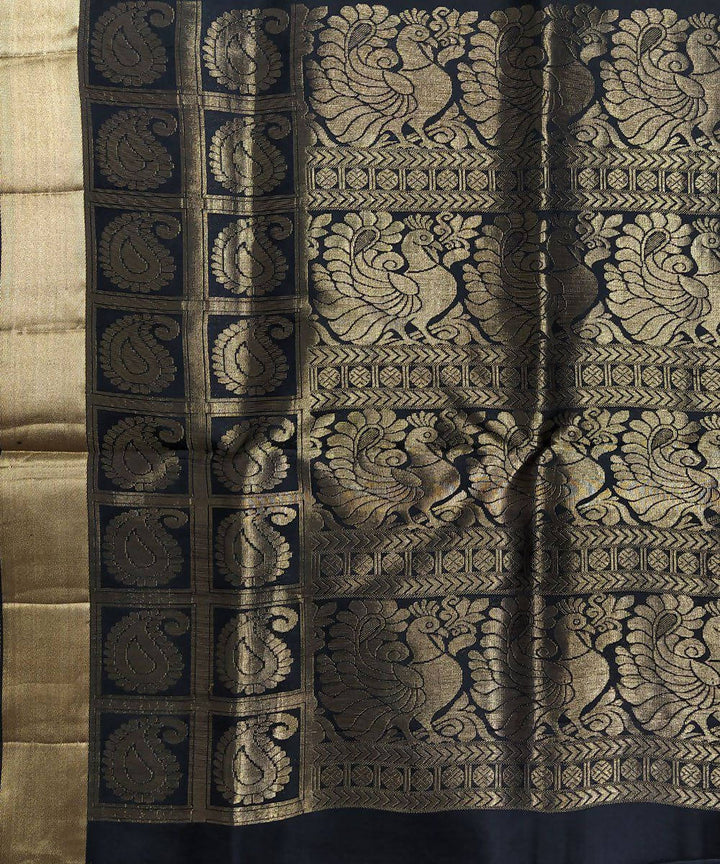 Black with green handloom soft silk peacock motifs saree